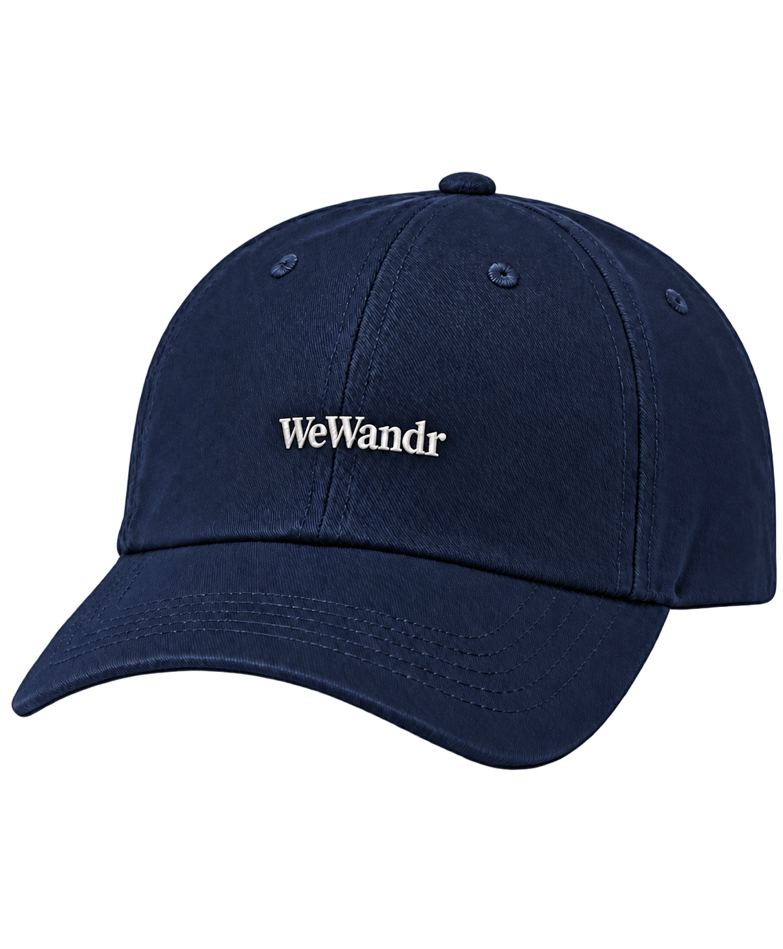 Navy WeWandr baseball cap with white embroidered logo