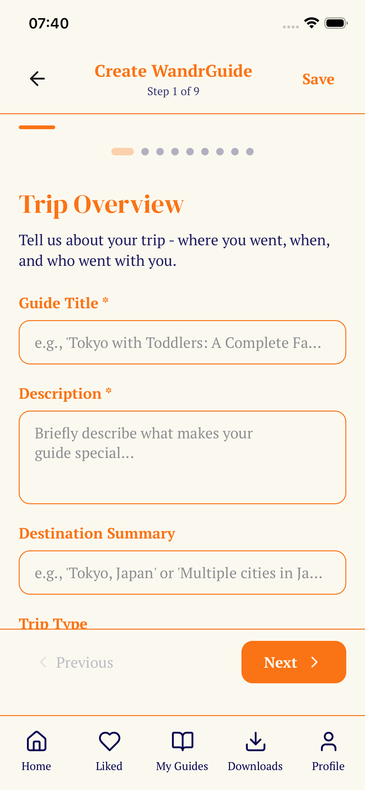 WeWandr create guide screen